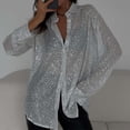 thumbnail image 2 of TUOYUAN Womens Plus Size Sequined Blouse Lapel Long Sleeve Sparkly Shirt Jacket Going Out Top Fall Winter,Silver,SIZE:M, 2 of 5