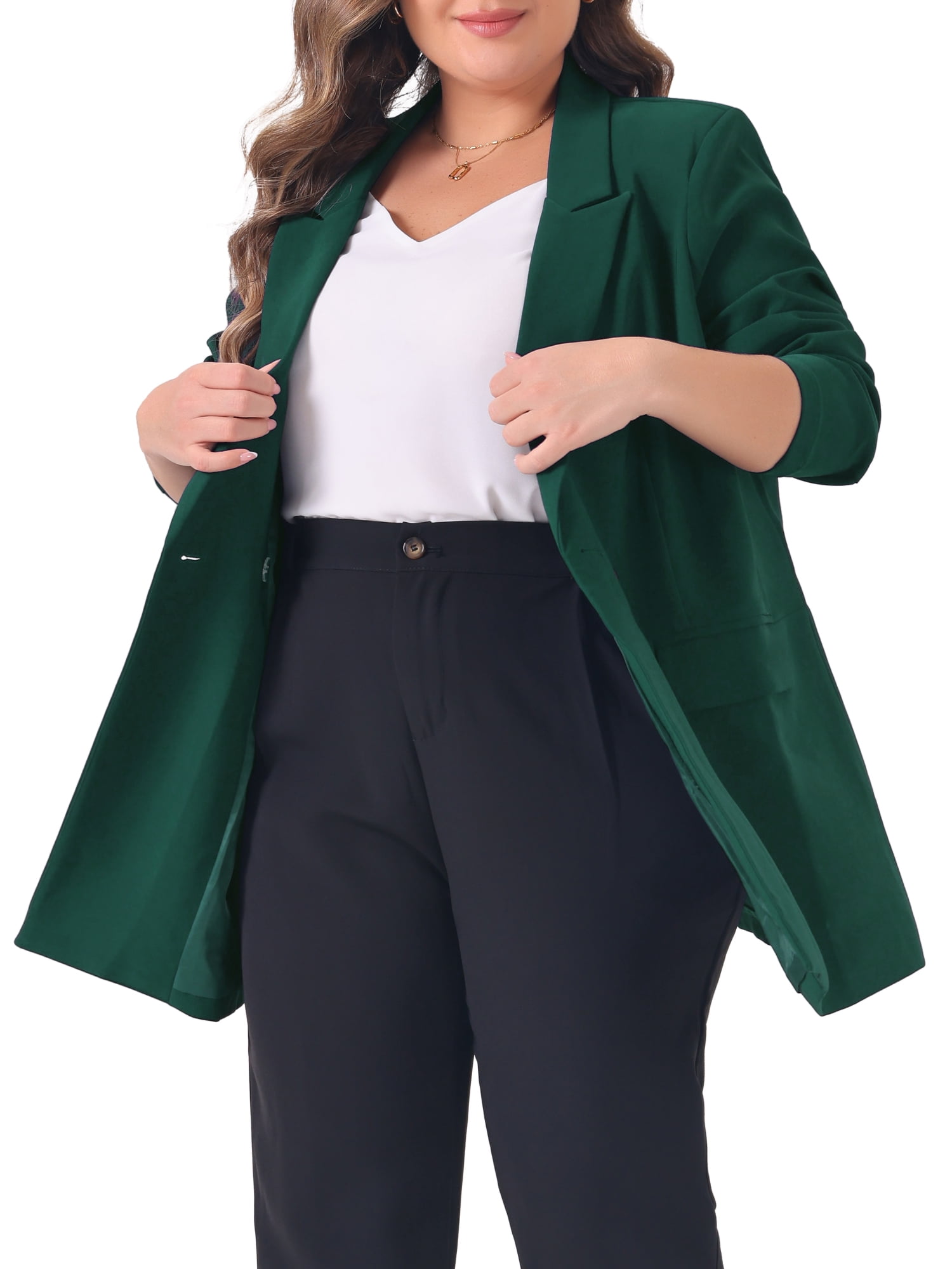 DARING DIVA Women's Plus Lapel Button with Pocket Jackets Long Blazer 2X Dark Green