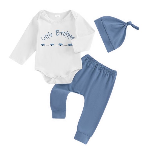 Cjfdfy Newborn Baby Boy Outfit Little Brother Embroidery Long Sleeve Romper Elastic Waist Pants And Hat 3-piece Set Infant Cute Coming Home Fall Winter 0-18M 