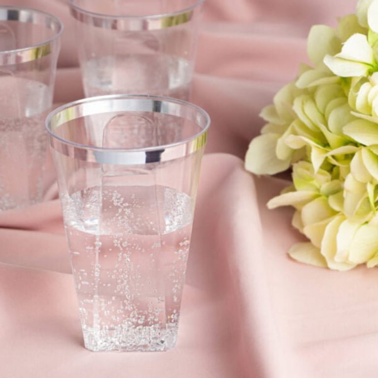 Disposable Plastic Clear 10oz Silver Rim Square Bottom Tumblers:6CT