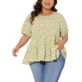thumbnail image 1 of Blusas de peplum casuales de manga corta con cuello redondo y pu?os elásticos para mujeres de tallas grandes, GRACE & GRANDEUR, 3X, amarillas con estampado floral, 1 of 1