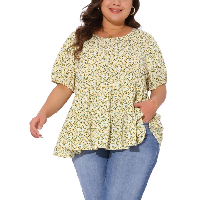 Blusas de peplum casuales de manga corta con cuello redondo y pu?os elásticos para mujeres de tallas grandes, GRACE & GRANDEUR, 3X, amarillas con estampado floral
