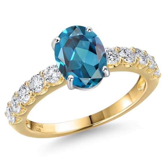 Gem Stone King 14K Two Tone Gold London Blue Topaz and Lab Grown Diamond Engagement Ring for Women | 2.90 Cttw | Oval 9X7MM | Gemstone November Birthstone | Size 6