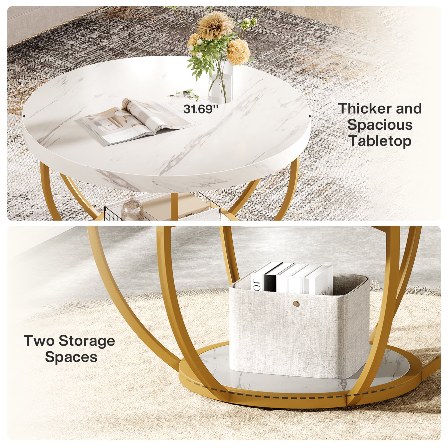 Fnova Coffee Table with 2 - Tier Storage, 32" Round Coffee Table with Metal Legs, Modern Rustic Style Center Table for Living Room, White and Gold
