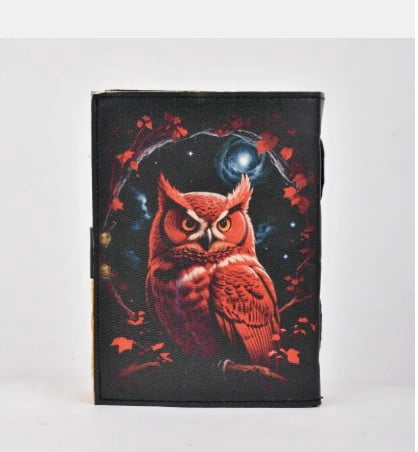 Handmade Leather Journal with Red Owl Design, Vintage Lock Diary Notebook, Gothic Art Writing Journal Gift