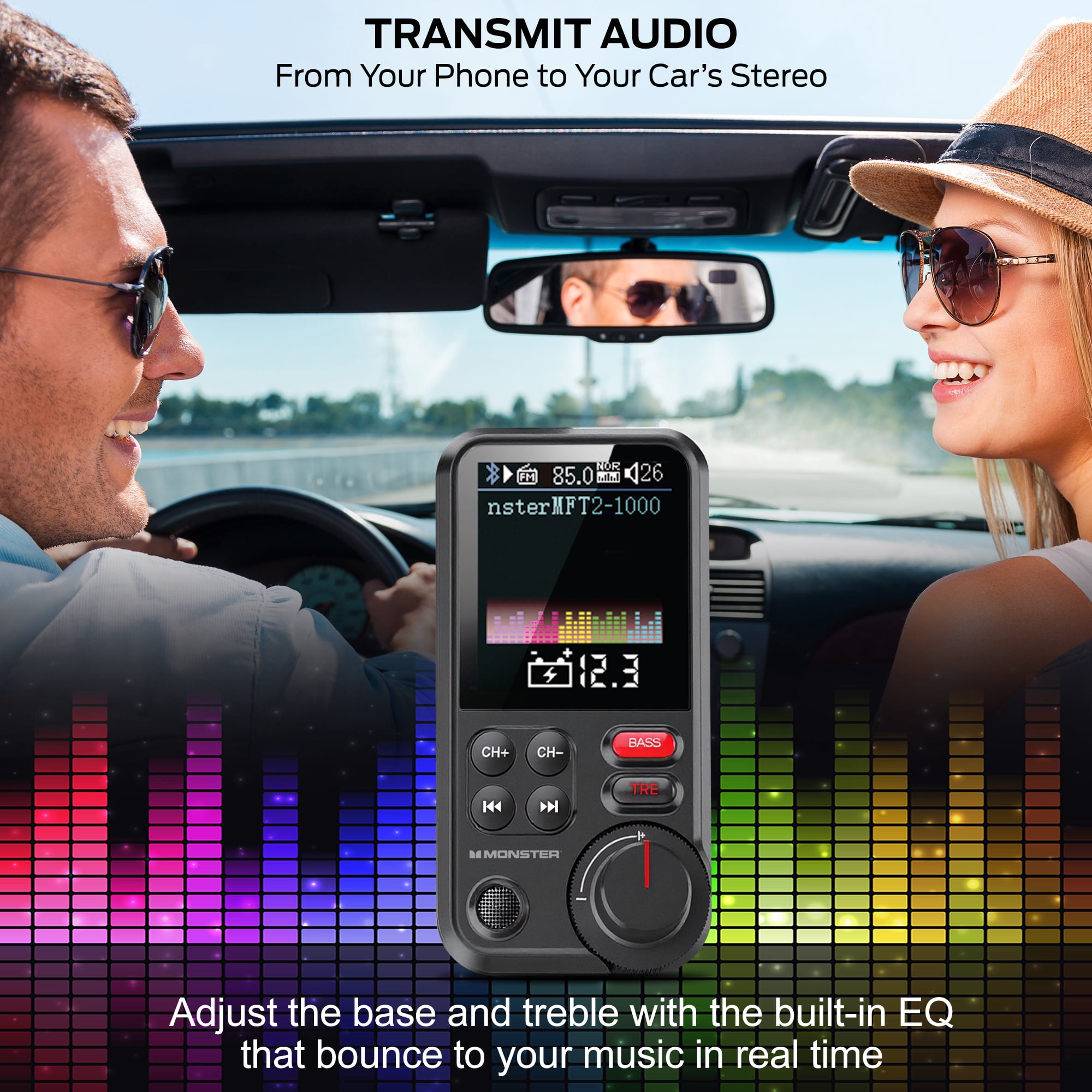 Monster 18W Bluetooth FM Transmitter with QC 3.0 Fast Charging, Hands-Free Calls, Adjustable Equalizer, Large LCD Color Screen, USB/SD/Aux Audio Playback