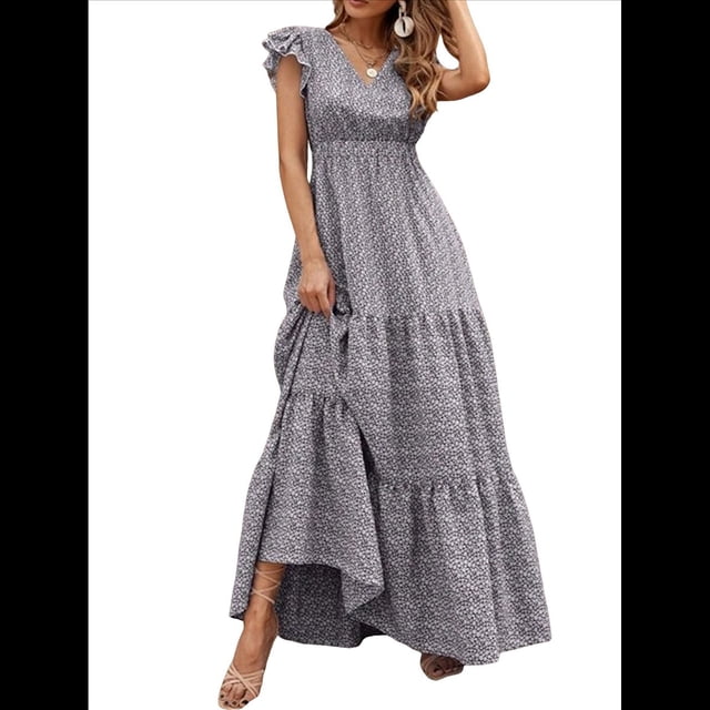 Vestido de Verano 2025 para Mujer, Cuello en V, Corta, Cintura Alta, Estampado Floral, Volantes Escalonados, Corte A, Maxi Gris L