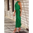 thumbnail image 3 of Emerald Green Satin Sleeveless Cowl Neck Midi Cocktail Dress, 3 of 30