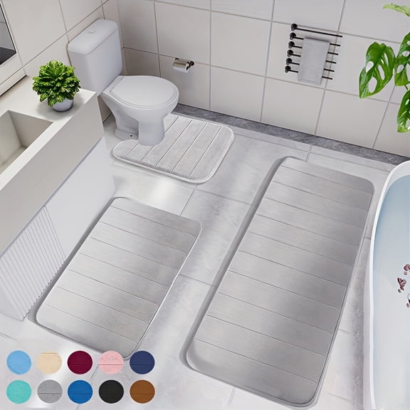 Mictong Bathroom Rug Set, Ultra Soft Memory Foam Bath Rugs with Non-Slip Backing, Absorbent Striped Bathroom Mat Set , Suitable For Bathroom Floor, 3-Piece Set, Gray