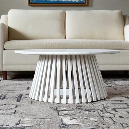 HomeRoots 565075 32 in. White & Natural Genuine Marble & Solid Wood Round Drum Coffee Table