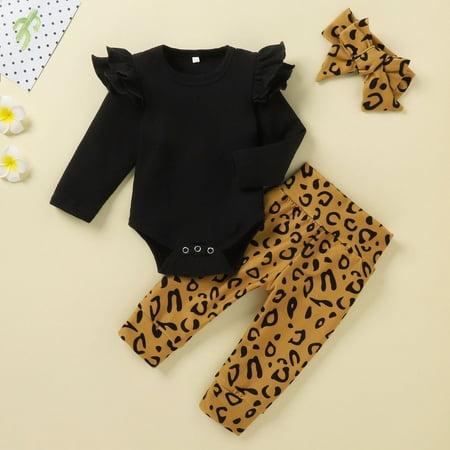 

Baby Girls Knit Solid Leopard Print Tops+Pants+Hairband Outfits