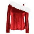 thumbnail image 6 of OGLCCG Christmas Tops for Girls Xmas Long Sleeve Furry Fur Trim Collar Off One Shoulder Velvet Pullover Tops Casual Holiday Sweatshirts 4-14 Years, 6 of 6