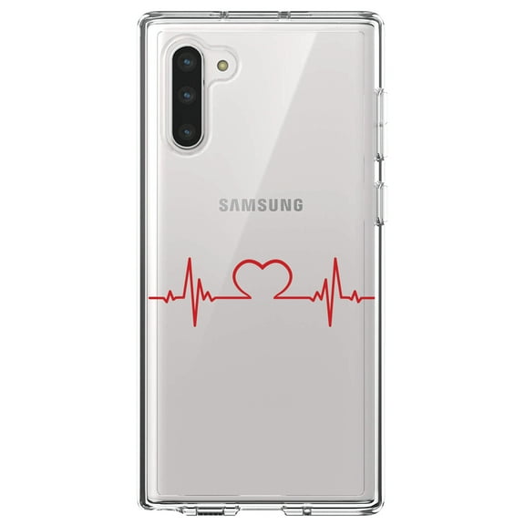 DistinctInk Clear Shockproof Hybrid Case for Samsung Galaxy Note 10 (6.3" Screen) - TPU Bumper Acrylic Back Tempered Glass Screen Protector - Heart Pulse EKG Red Valentine