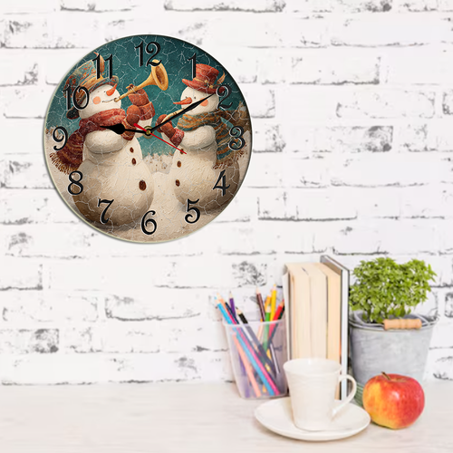 Kurmntregon Christmas Wall Clock Happy Snowmen Play Musical Winter Xmas Holiday Wooden Decorative Battery Operated Quartz Silent Hanging Clock For Bedroom Living Room Kitchen Coffee Bar Round 10"