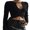 Black, variant on Women Knit Crop Tops Solid Color Ribbed Front Cross Low Cut Long Sleeve Sweaters Streetwear