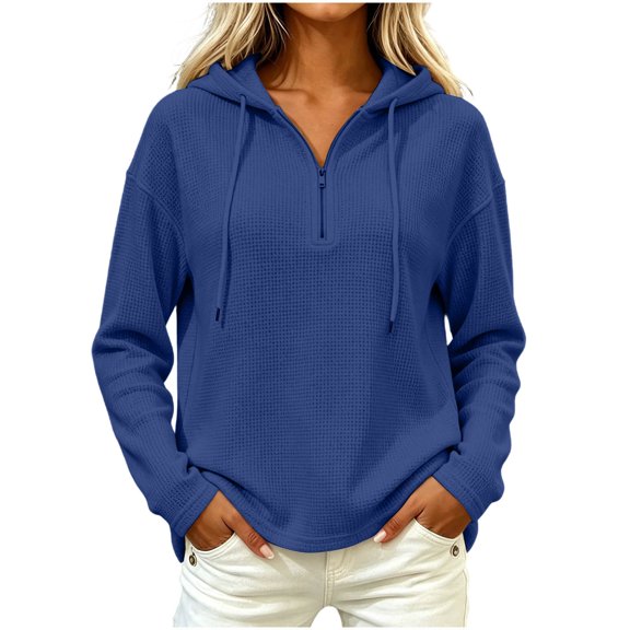 Womens Oversized Waffle Knit Pullover Top Drop Shoulder Half Zip V Neck Hoodie with Drawstring Hood & Side Hand Pockets Hip Length Solid Casual Lounge Sweatshirt