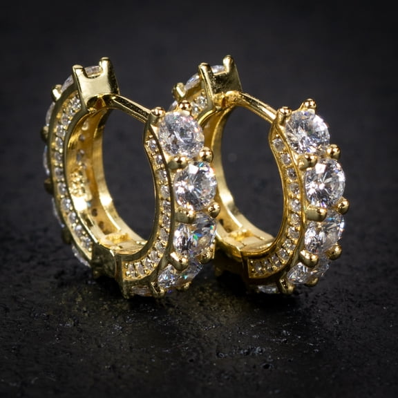 Men's Women's Elegant Fully Iced Cz Unisex Yellow Gold Plated 925 Sterling Silver Post Hoops Big Stone Cubic Zirconia 12mm Huggie Hoop Earrings