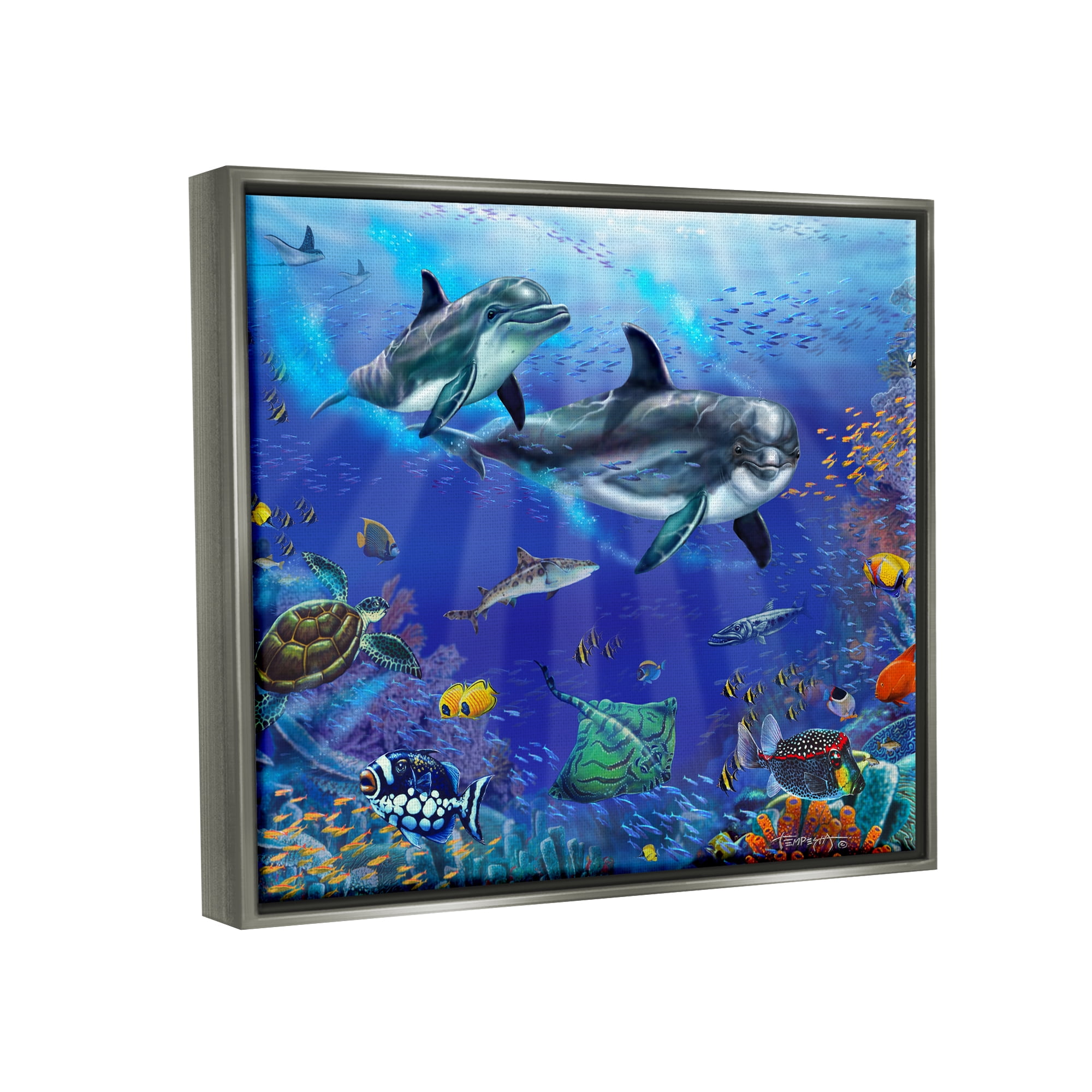 Stupell Industries Underwater Sea Life Scene Dolphins Coastal Painting Gray Floater Framed Art Print Wall Art