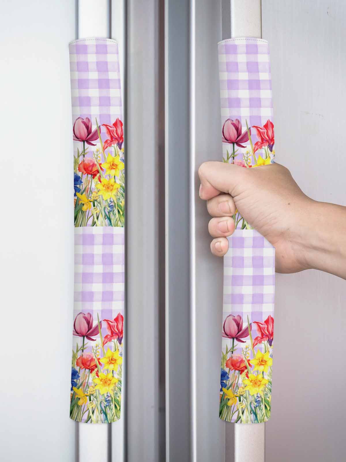 Purple Plaid Tulip Refrigerator Door Handle Covers Set of 2, Spring Floral Watercolor Botanical Kitchen Fridge Microwave Oven Dishwasher Stove Cabinet Handle Protectors, Washable Appliance Decor