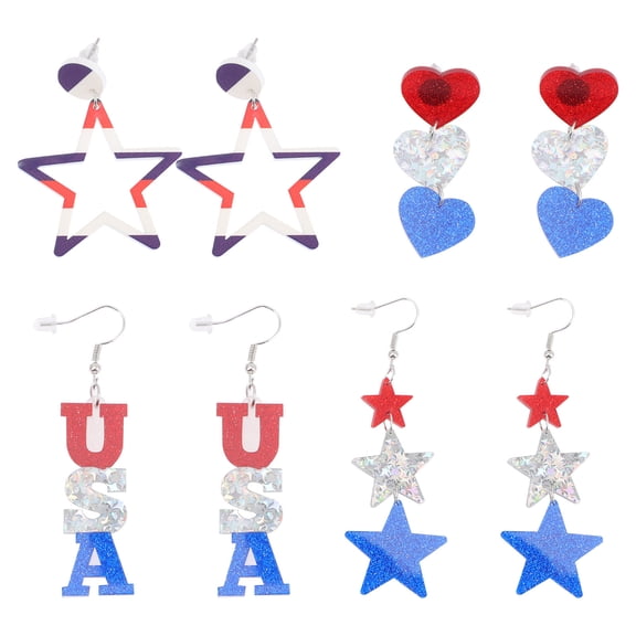 FOLOYORI 4 Pairs Earrings Patriotic Jewelry for Women Heart Star Shape Acrylic Decoration present