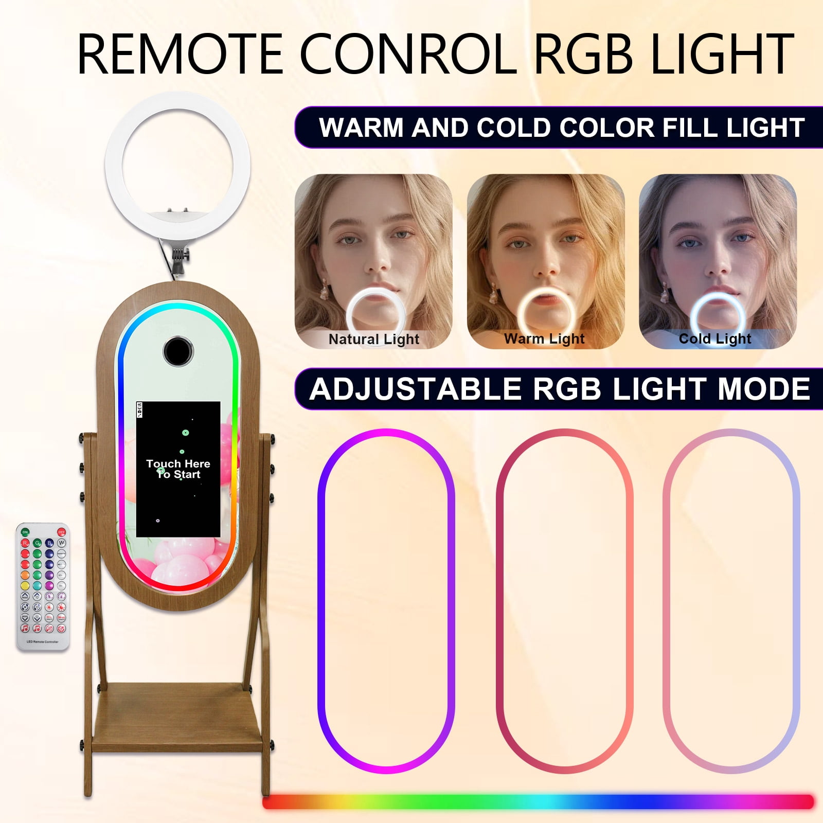LivFiv Mirror Photobooth with Ring Light 21.5inch Touch Screen App Control RGB Light for Events