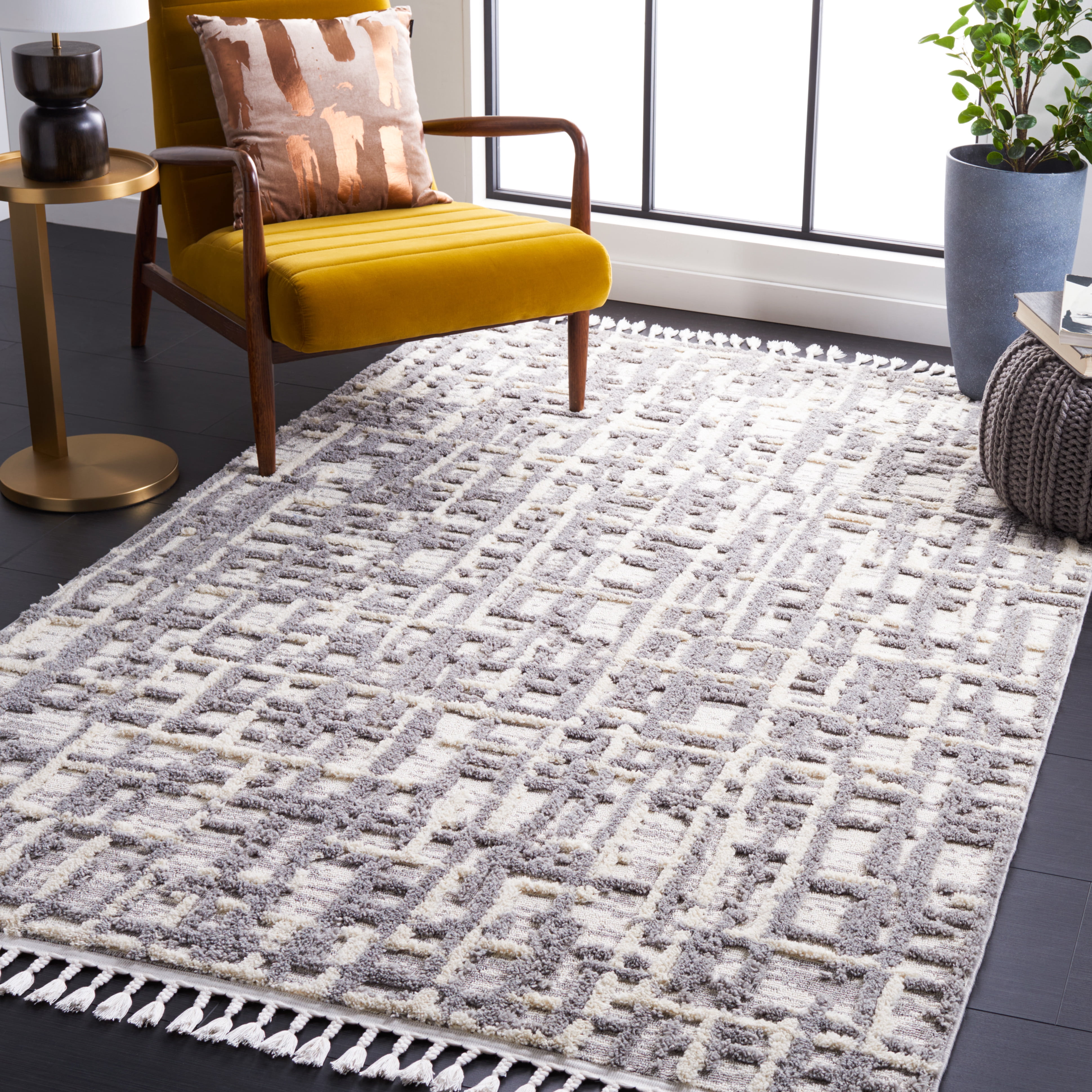 SAFAVIEH Marrakesh Ellery Geometric Polyester Area Rug, Ivory/Dark Grey, 6'7" x 6'7" Square