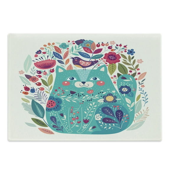 Cat Cutting Board, Kitty Surrounded by Birds Flowers Ladybugs Inspirational Folk Theme, Decorative Tempered Glass Cutting and Serving Board, Large Size, Multicolor Seafoam, by Ambesonne