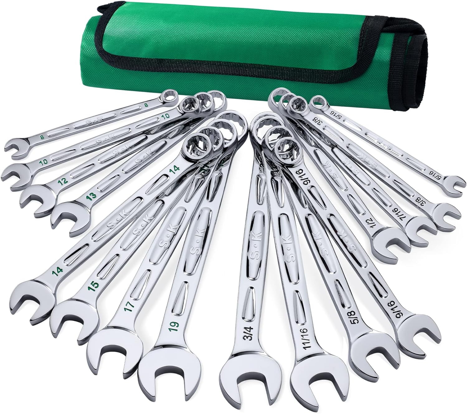 SK Combination Wrench Set, Metric 8 to 19mm, 12-Piece, SuperKrome Finish, Preminum CR-V Construction, with Rolling Pouch