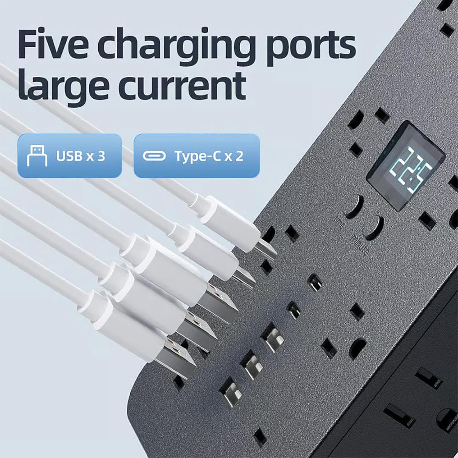 JOUALY 21-in-1 Power Strip with Digital Clock, Surge Protector with 16 Wide Spaced AC Outlets & 5 USB Ports(3A2C), Flat Plug 5FT Cord, FCC Certified USB Charging Station for Home Office Dorm, black