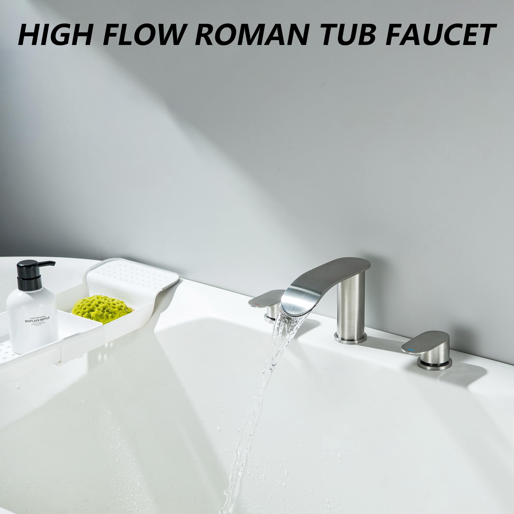 Roman Tub Faucet Brushed Nickel 3 Hole Deck Mount Waterfall Bathtub Faucet Set