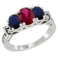 thumbnail image 1 of 14K White Gold Enhanced Ruby & Natural HQ Blue Sapphire Ring 3-Stone Oval Diamond Accent, size 5, 1 of 3