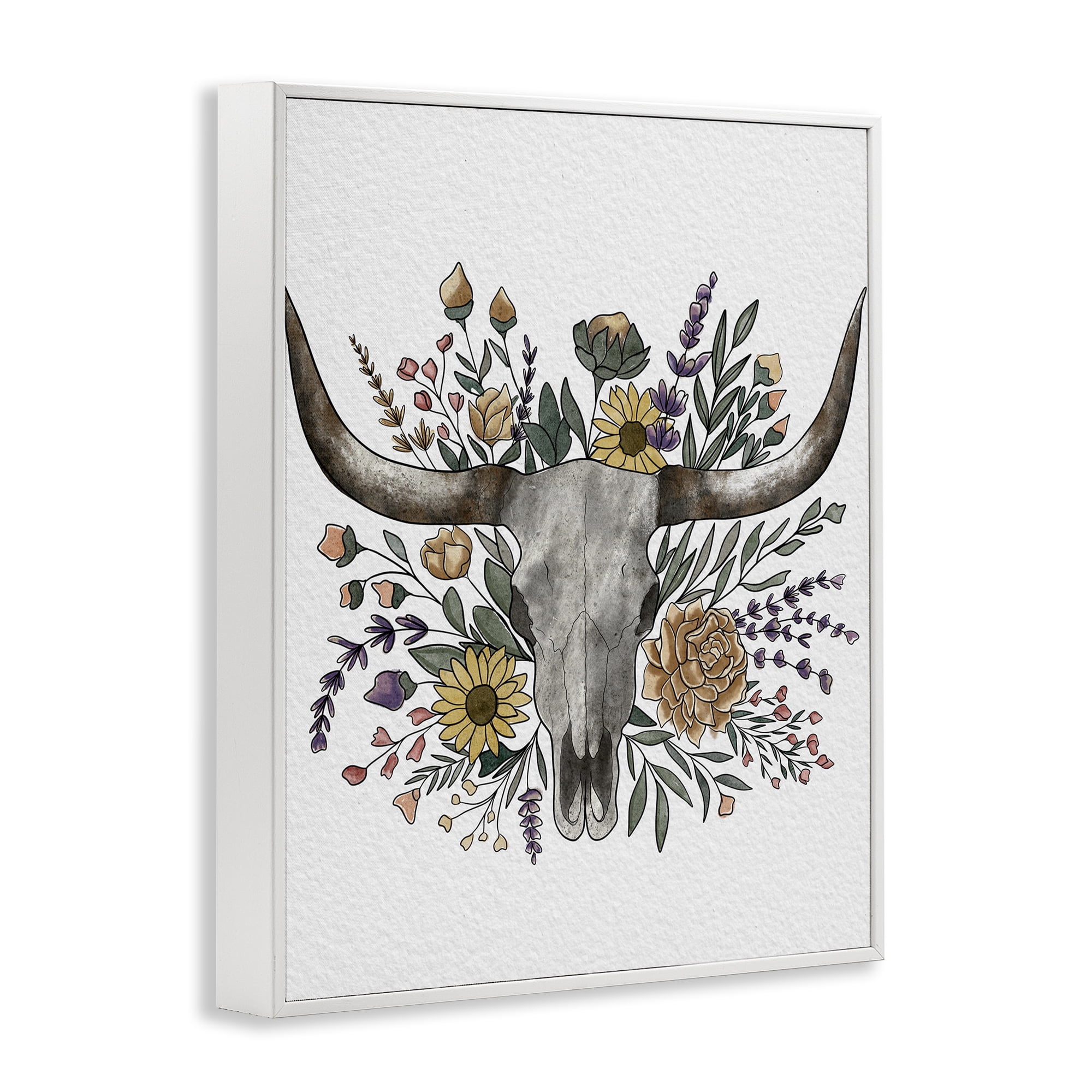Stupell Industries Boho Wildflower Longhorn White Framed Giclee Art, design by Alisha Kiara Design