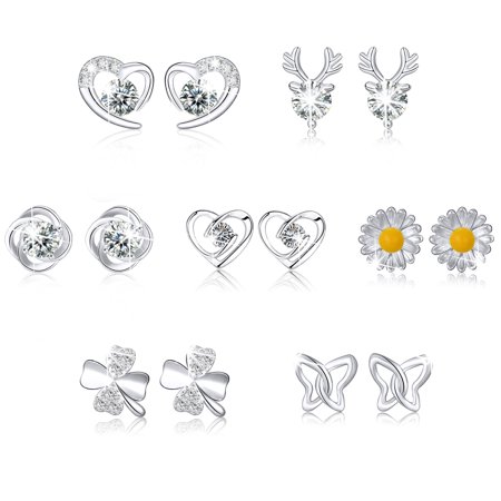 LUNVKY 7 Pairs Stud Earrings for Women CZ Small Cartilage S925 Sterling Silver Post Hypoallergenic Earring Sets for Multiple Piercing Birthday Graduation Jewelry Gifts Teen Her Girlfriend Adult Ideas