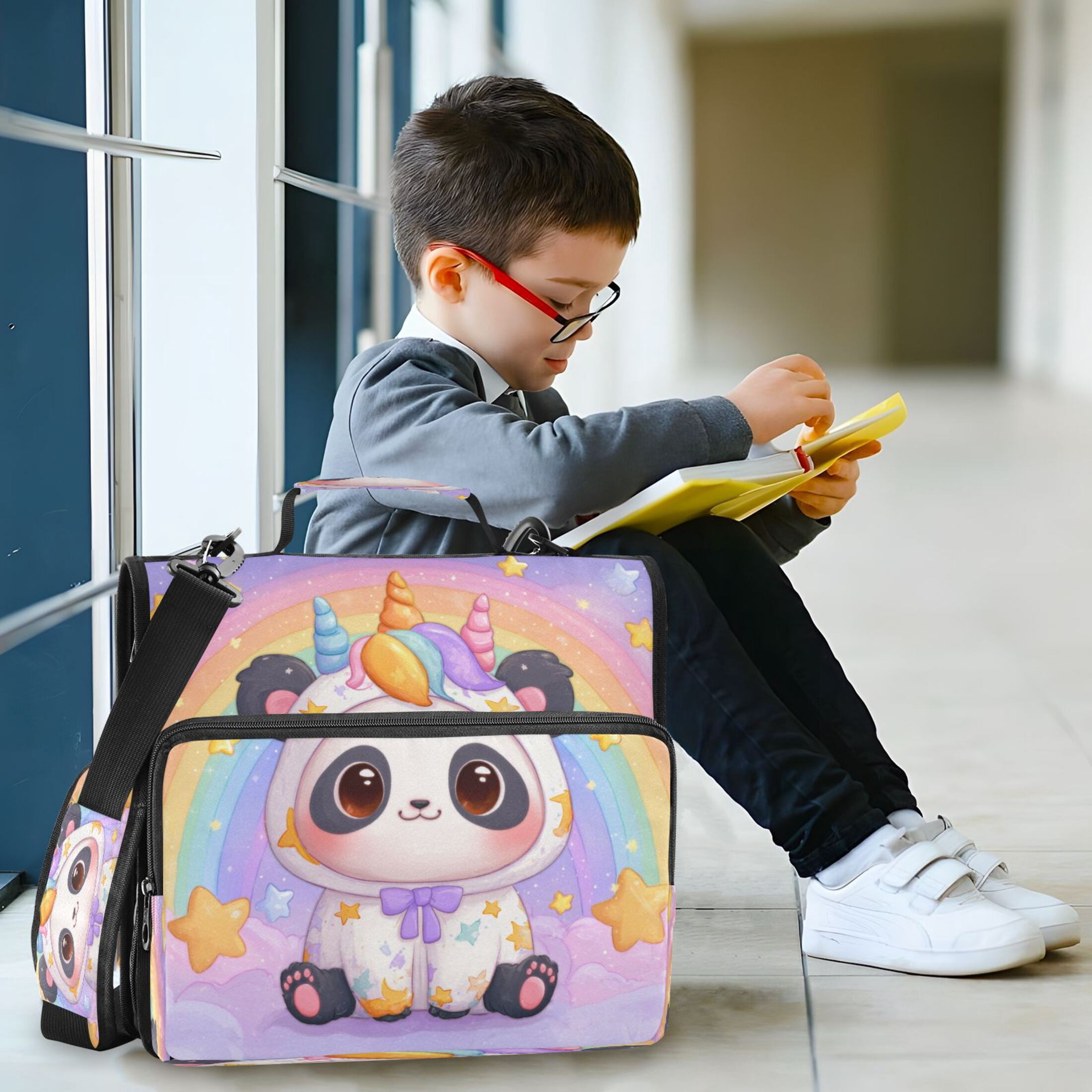 3 Ring Zipper Binder Stationery Organizer for Study Work Home Travel, All-Purpose File Folder Storage Bag for Daily Document Organization Cute Panda in Unicorn Onesie
