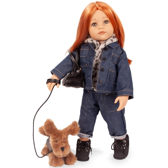 Gotz: Hannah & Her Dog Polly - 19.5" Standing Poseable Doll Set, Denim & Leopard Outfit, Red Hair, Plush Pet -Leash-Carrier, Collectible Toy, Kids 3 