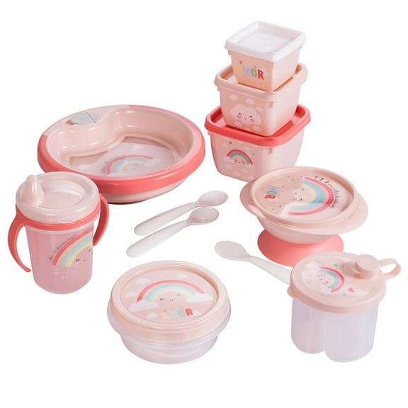 11-piece BPA-Free Baby Feeding Set | Includes Training Cup, Warm Plate with Suction, Bowl & Lid, Dispenser, Baby Snack Containers, Spoons and more (Rainbow- Pink)