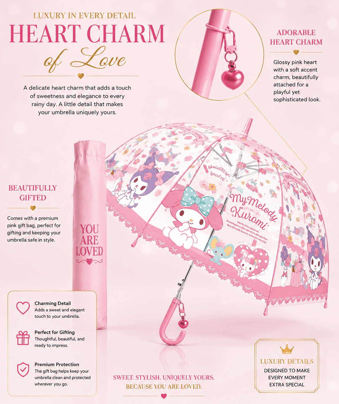 Sanrio My Melody & Kuromi Cute Fashionable Dome-Shaped Vinyl Stick Umbrella, Multicolor, 1