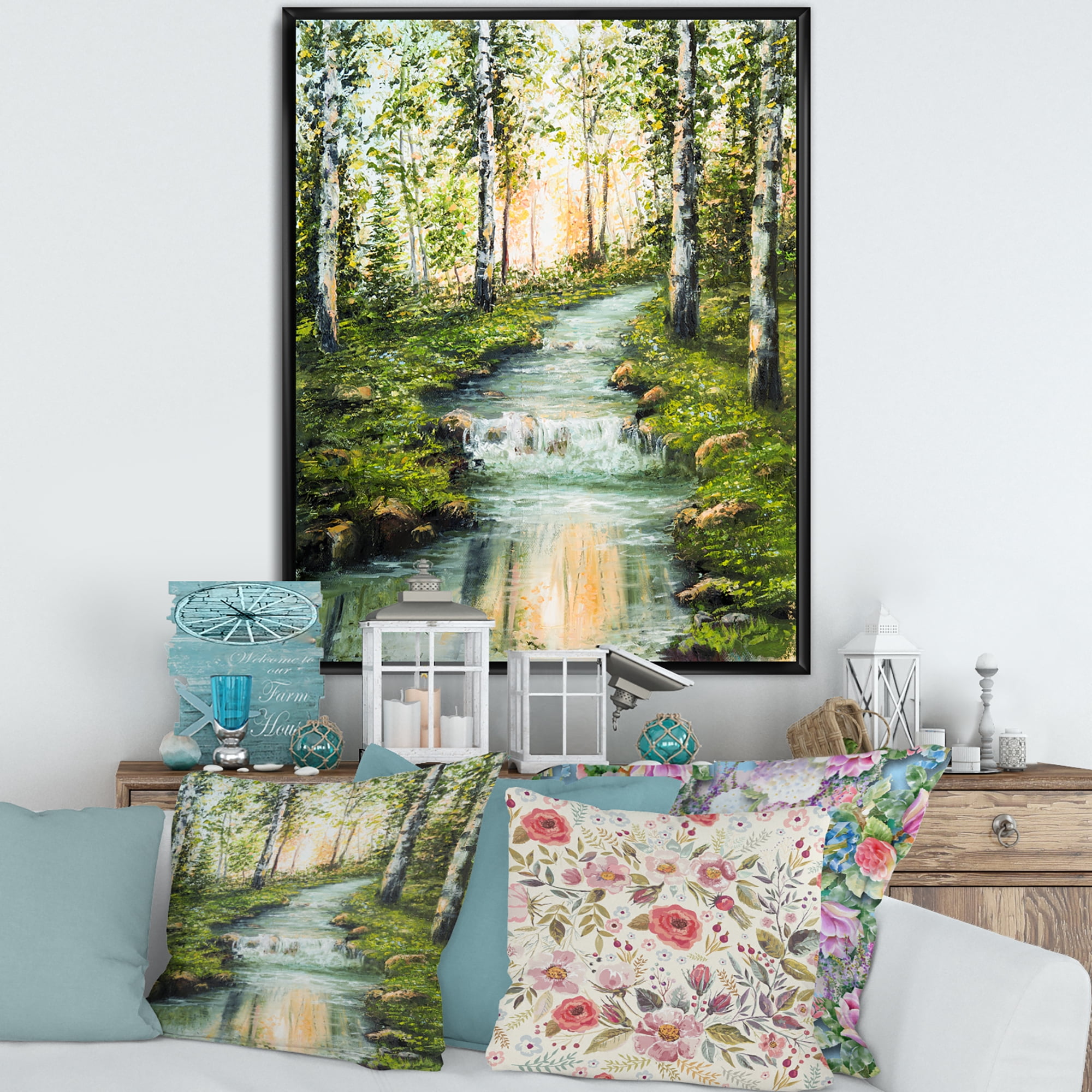 River Through Green Birch Forest 16 in x 32 in Framed Painting Canvas Art Print, by Designart