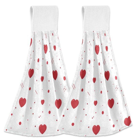 Valentine Red Hearts Dots Hanging Towels with Loop Hand Towels Nylon Fastener Tape Design Dish Cloths 2 Pcs