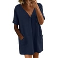 thumbnail image 4 of Efsteb Women's Cotton Tunic Dress V-Neck Short Sleeve Casual Loose Fit Short Dress with Side Pockets （Navy,M）, 4 of 7
