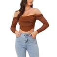 thumbnail image 2 of INSPIRE CHIC Mesh Sheer Long Sleeve Corset Crop Top for Women Ruched Off Shoulder Blouse Push Up Party Boned Bustier L Brown, 2 of 6