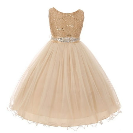 Girls Champagne Stretch Lace Glitter Sash Junior Bridesmaid (Best Dress Websites For Juniors)