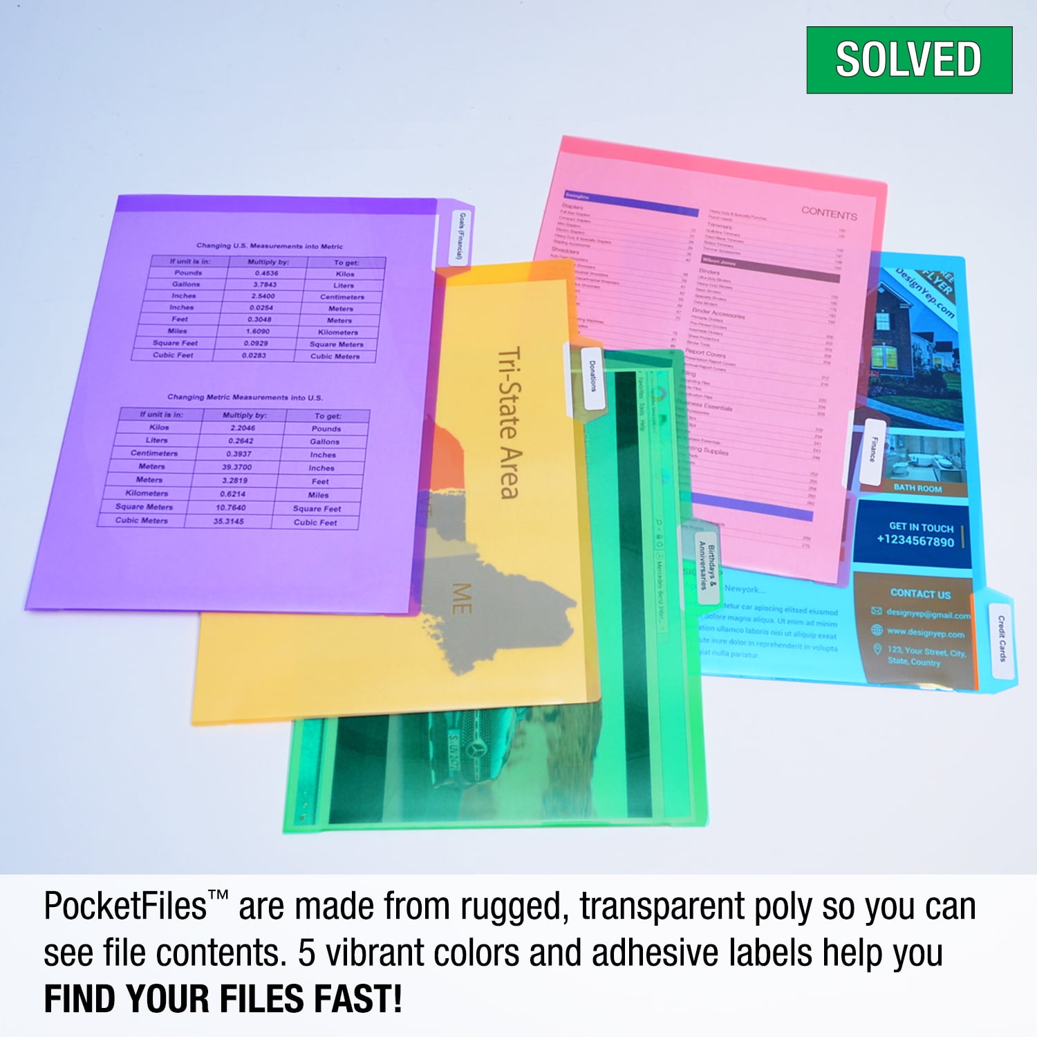 Ultimate Office PocketFile™ Clear Poly Document Folder Project Pockets, 5th-Cut, Letter Size, in 5 Assorted Colors, Set of 100