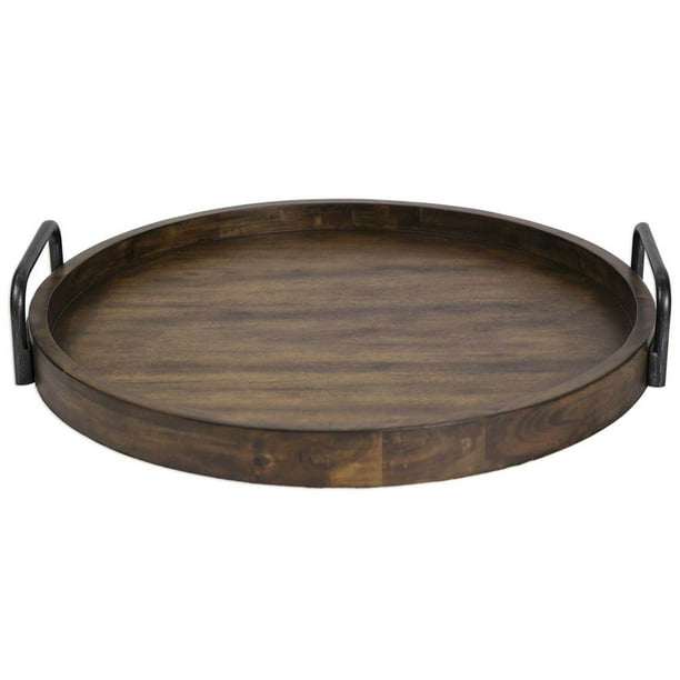 24 In Round Wooden Tray Brown, 24 Round Serving Tray
