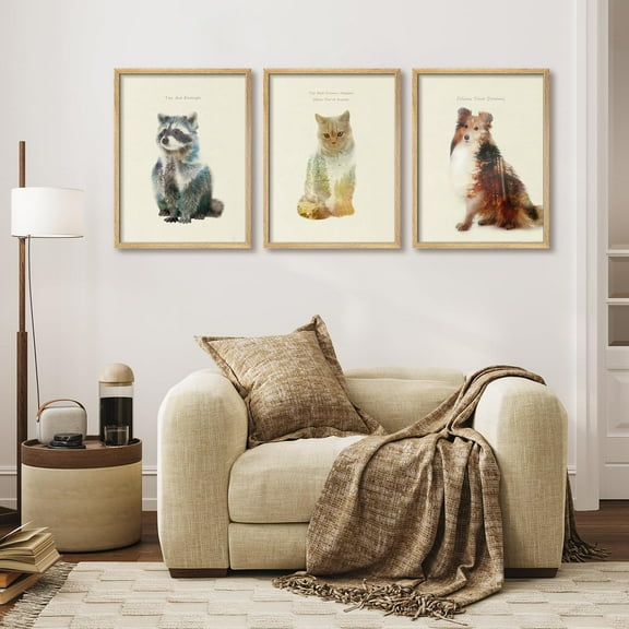 PixonSign Framed Wall Art Inspirational Animals Double Exposure Posters, Set of 3 Cute Pets Portrait Illustrations Wall Decor, Adhesive Canvas Prints for Home Decor - 8"x10" Natural