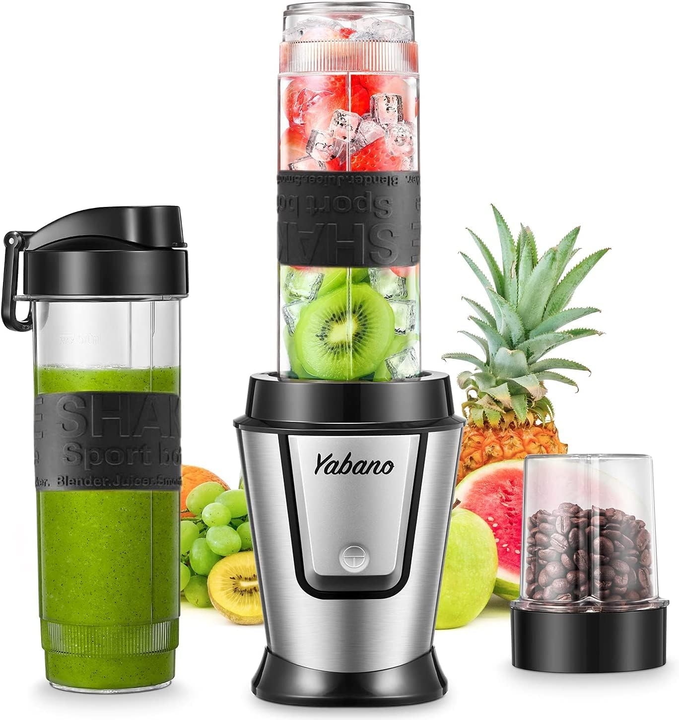Personal Blender, Yabano 2 in 1 Smoothie Maker with 2x600ml Portable Bottles and 200ml Grinder, 500W