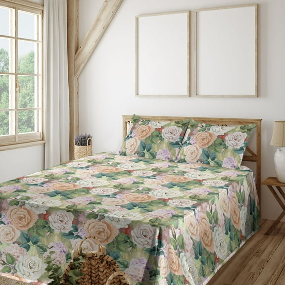 Ambesonne Floral Design Fitted & Flat Sheet with Shams 4 Pcs Set, Nostalgic Rose Art, King, Peacock Green Champagne