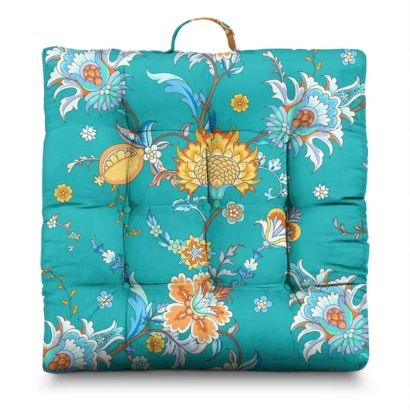 Ethnic Bohemian Floor Pillow - Oversized 24" Square Meditation Cushion with Colorful Retro Pattern, 4.7" Thick Support for Yoga & Lounge