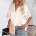 thumbnail image 6 of HAPIMO Women's Trendy Solid Color Silk Pullovers Summer Loose Satin Bandage Tops Relaxed Short Sleeve Tees Casual Workout Shirts Lapel V Neck Blouses for Girls Beige XL, 6 of 8
