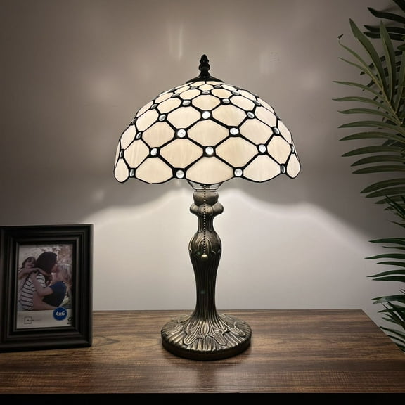Tiffany Table Lamp White Stained Glass Crystal Beans Included LED Bulb For Living Room Bedroom Bedside Office Hotel 12"W*19"H